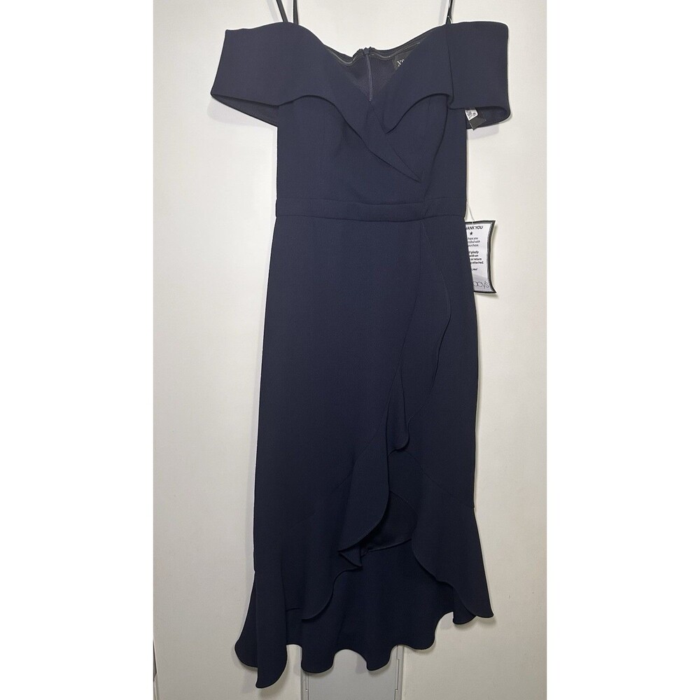 XSCAPE Dress Sz 4 Ruffle Off The Shoulder Gown Evening Wedding Formal Navy NWT
